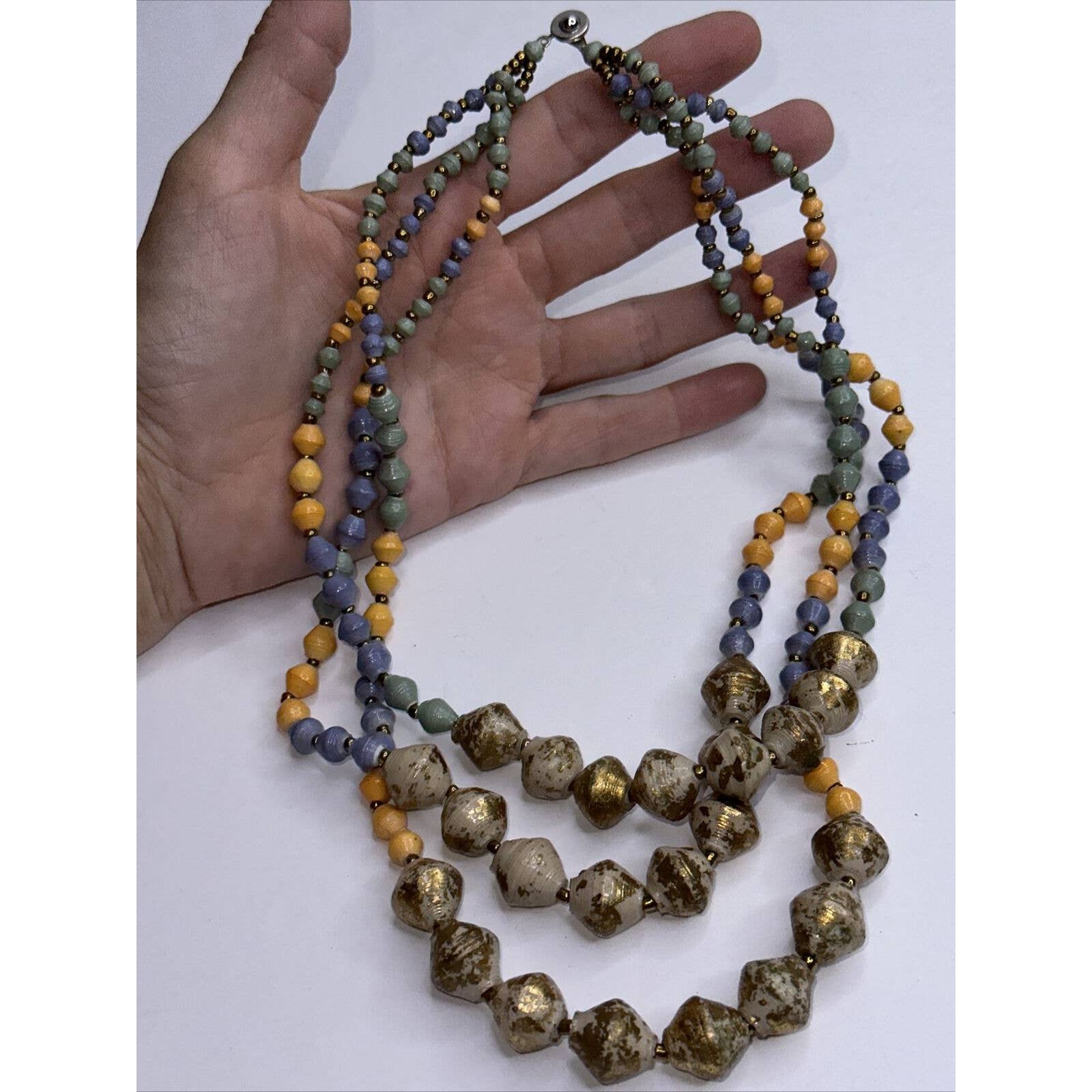 Teng Yue Vintage Multi Strand Boho Necklace Rolled Paper Lacquered Beads 18